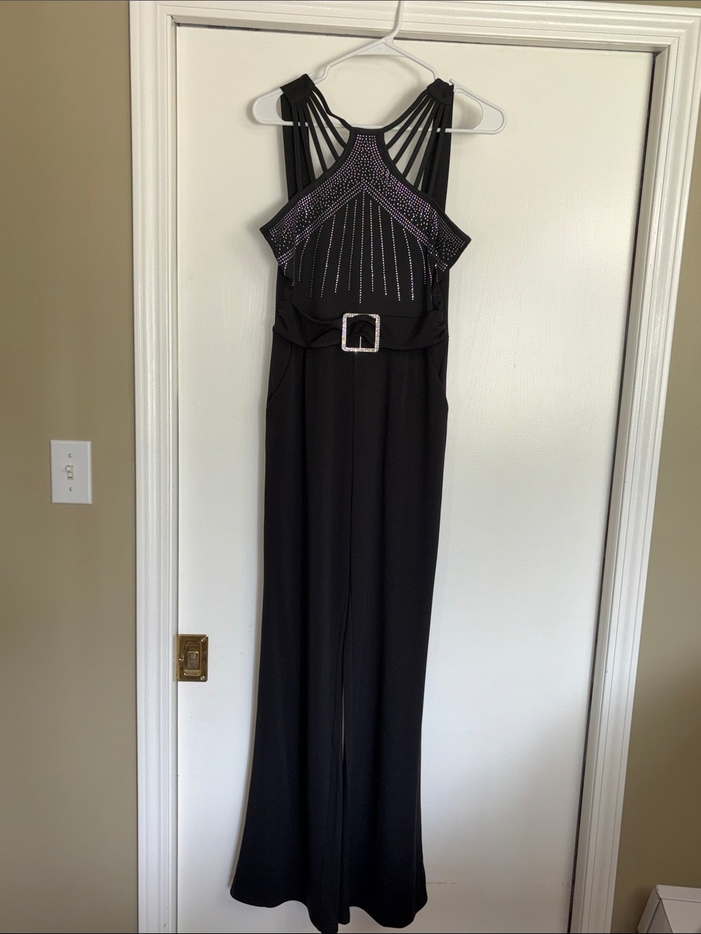 Black Jumpsuit with White Embellished Halter and Belt